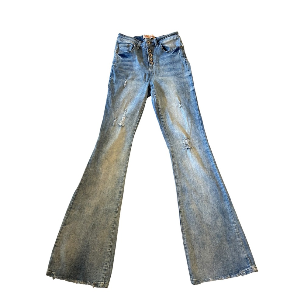 Elite Jeans Womens High Waisted Distressed Flare Jeans Blue Button Fly‎  5/6